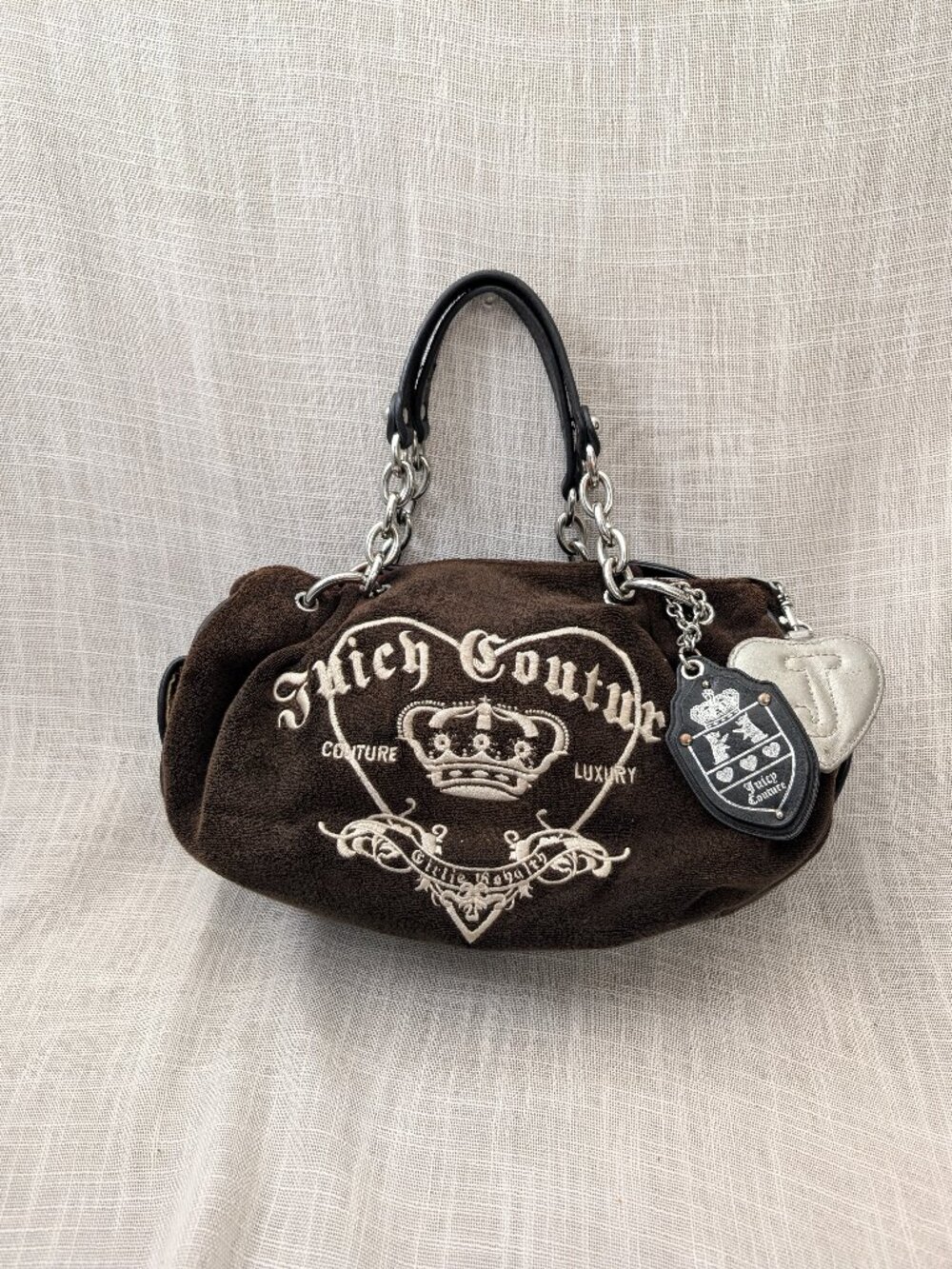 Vintage Y2K Juicy Couture Brown Velour Crown Crest Hobo Bag w/ Original Mirror